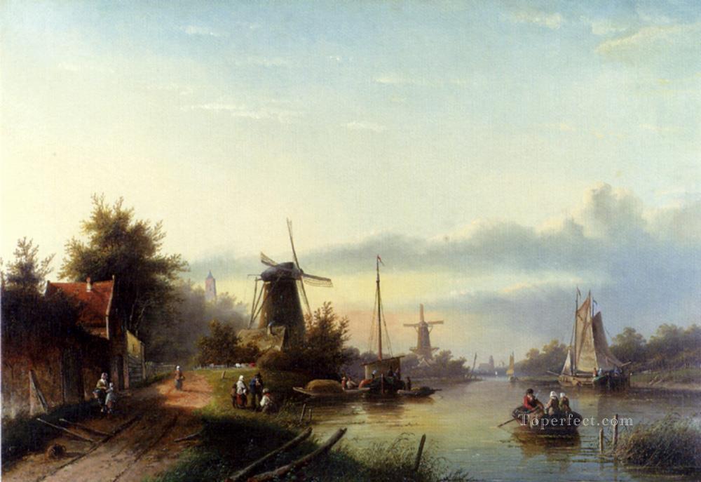 Boats On A Dutch Canal Jan Jacob Coenraad Spohler Landscape Oil Paintings